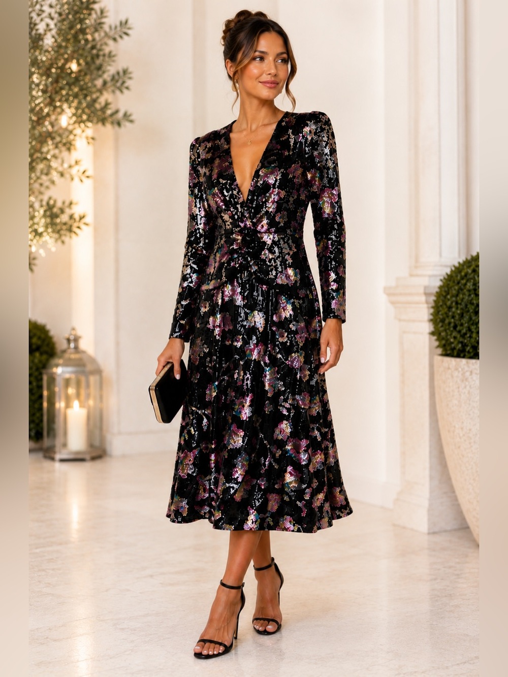 Self-Portrait NWT Floral Sequins V-Neck Back Key-Hole A-Line Midi Dress Size 0
